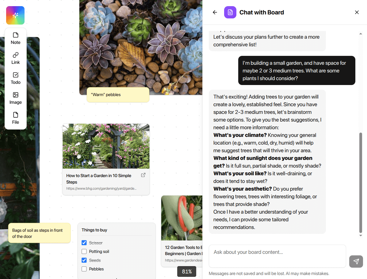 Mooseboard interface showing a visual moodboard with real-time chat collaboration