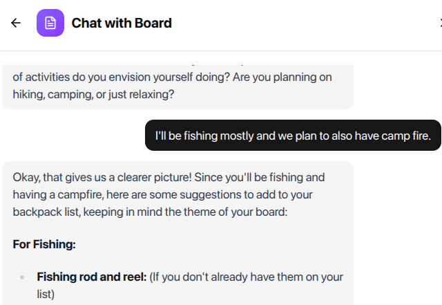 AI chat interface discussing board content and providing insights